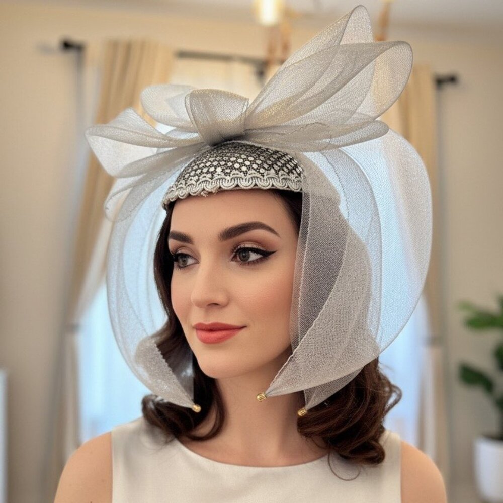 Vintage‎ Silver Mesh Fascinator Hat Bow Sequined Net Derby Tea Party Cocktail